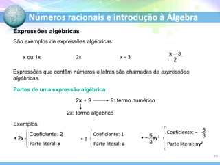 Números racionais e introdução à Álgebra
São exemplos de expressões algébricas:
x ou 1x 2x x – 3
Expressões que contêm números e letras são chamadas de expressões
algébricas.
Partes de uma expressão algébrica
2x + 9
2x: termo algébrico
9: termo numérico
• 2x
Coeficiente: 2
Parte literal: x
• a
Coeficiente: 1
Parte literal: a
Exemplos:
Parte literal: xy2
Expressões algébricas
• – xy2
Coeficiente: −
15
 