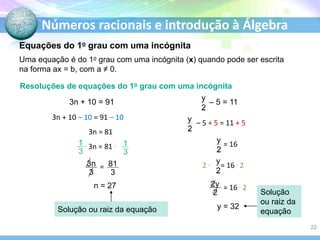 Números racionais e introdução à Álgebra
Uma equação é do 1o grau com uma incógnita (x) quando pode ser escrita
na forma ax = b, com a ≠ 0.
Resoluções de equações do 1o grau com uma incógnita
3n + 10 = 91
3n + 10 – 10 = 91 – 10
3n = 81
n = 27
y = 32
Solução ou raiz da equação
Equações do 1o grau com uma incógnita
. 3n = 81 .
=
Solução
ou raiz da
equação
– 5 = 11
– 5 + 5 = 11 + 5
= 16
2 . = 16 . 2
= 16 . 2
22
 