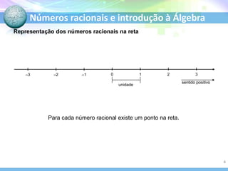 Números racionais e introdução à Álgebra
Representação dos números racionais na reta
Para cada número racional existe um ponto na reta.
0 1 2 3
‒3 ‒2 ‒1
unidade
sentido positivo
4
 