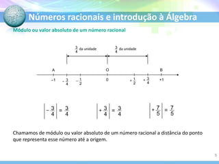 Números racionais e introdução à Álgebra
Módulo ou valor absoluto de um número racional
Chamamos de módulo ou valor absoluto de um número racional a distância do ponto
que representa esse número até a origem.
0 +1
‒1
A B
O
‒ ‒ +
+
da unidade da unidade
=
‒ =
+ =
+
5
 