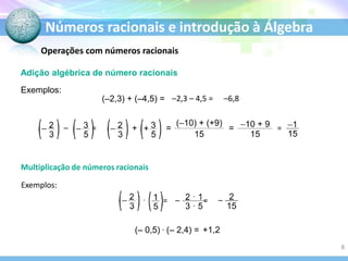 Números racionais e introdução à Álgebra
Operações com números racionais
8
Adição algébrica de número racionais
(–2,3) + (–4,5) = –2,3 – 4,5 = –6,8
Multiplicação de números racionais
. = – =
(– 0,5) . (– 2,4) = +1,2
Exemplos:
Exemplos:
– = + = = =
–
 