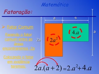 Fator Comum Colocando o fator em evidência teremos: Fazendo o fator comum entre as áreas encontraremos :2a Fatoração: Matemática 2a 4 a a 
