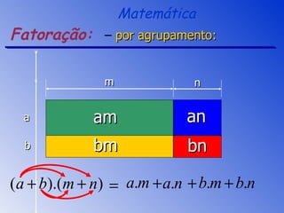 por agrupamento: am bm an bn Fatoração: Matemática b a m n 