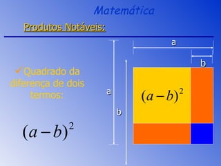 Quadrado da diferença de dois termos: Matemática Produtos Notáveis: b a a b 