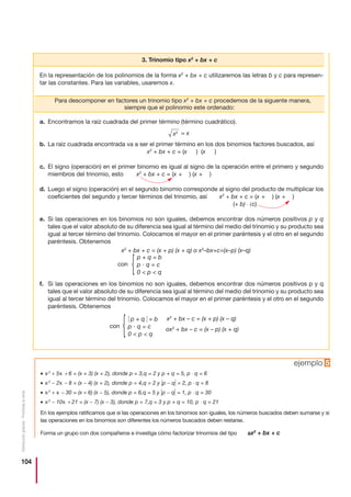 104
Distribucióngratuita-Prohibidalaventa
ejemplo 5
• x2
+ 5x + 6 = (x + 3) (x + 2), donde p = 3,q = 2 y p + q = 5, p ⋅ q = 6
• x2
− 2x − 8 = (x − 4) (x + 2), donde p = 4,q = 2 y Ηp − qΗ = 2, p ⋅ q = 8
• x2
+ x − 30 = (x + 6) (x − 5), donde p = 6,q = 5 y Ηp − qΗ = 1, p ⋅ q = 30
• x2
− 10x + 21 = (x − 7) (x − 3), donde p = 7,q = 3 y p + q = 10, p ⋅ q = 21
En los ejemplos ratificamos que si las operaciones en los binomios son iguales, los números buscados deben sumarse y si
las operaciones en los binomios son diferentes los números buscados deben restarse.
Forma un grupo con dos compañeros e investiga cómo factorizar trinomios del tipo aax2
+ bx + c
3. Trinomio tipo x2
+ bx + c
Para descomponer en factores un trinomio tipo x2
+ bx + c procedemos de la siguente manera,
siempre que el polinomio este ordenado:
En la representación de los polinomios de la forma x2
+ bx + c utilizaremos las letras b y c para represen-
tar las constantes. Para las variables, usaremos x.
a. Encontramos la raíz cuadrada del primer término (término cuadrático).
b. La raíz cuadrada encontrada va a ser el primer término en los dos binomios factores buscados, así
x2
+ bx + c = (x ) (x )
c. El signo (operación) en el primer binomio es igual al signo de la operación entre el primero y segundo
miembros del trinomio, esto x2
+ bx + c = (x + ) (x + )
d. Luego el signo (operación) en el segundo binomio corresponde al signo del producto de multiplicar los
coeficientes del segundo y tercer términos del trinomio, así x2
+ bx + c = (x + ) (x + )
(+ b) ⋅ (c)
e. Si las operaciones en los binomios no son iguales, debemos encontrar dos números positivos p y q
tales que el valor absoluto de su diferencia sea igual al término del medio del trinomio y su producto sea
igual al tercer término del trinomio. Colocamos el mayor en el primer paréntesis y el otro en el segundo
paréntesis. Obtenemos
f. Si las operaciones en los binomios no son iguales, debemos encontrar dos números positivos p y q
tales que el valor absoluto de su diferencia sea igual al término del medio del trinomio y su producto sea
igual al tercer término del trinomio. Colocamos el mayor en el primer paréntesis y el otro en el segundo
paréntesis. Obtenemos
x2 = x
p + q = b
p и q = c
0  p  q
{
x2
+ bx + c = (x + p) (x + q) o x2
–bx+c=(x–p) (x–q)
con
con
Η p + q Η = b
p и q = c
0  p  q
{ x2
+ bx – c = (x + p) (x – q)
ox2
+ bx – c = (x – p) (x + q)
 