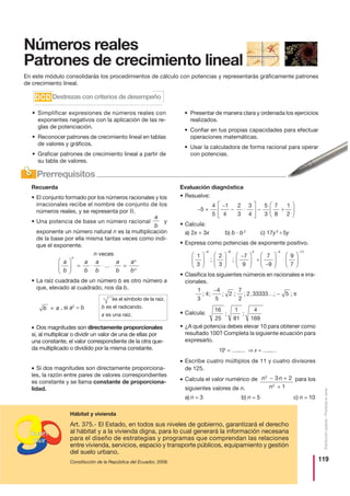 119
Distribucióngratuita-Prohibidalaventa
Números reales
Patrones de crecimiento lineal
En este módulo consolidarás los procedimientos de cálculo con potencias y representarás gráficamente patrones
de crecimiento lineal.
• Simplificar expresiones de números reales con
exponentes negativos con la aplicación de las re-
glas de potenciación.
• Reconocer patrones de crecimiento lineal en tablas
de valores y gráficos.
• Graficar patrones de crecimiento lineal a partir de
su tabla de valores.
• Presentar de manera clara y ordenada los ejercicios
realizados.
• Confiar en tus propias capacidades para efectuar
operaciones matemáticas.
• Usar la calculadora de forma racional para operar
con potencias.
es el símbolo de la raíz.
b es el radicando.
a es una raíz.
Buen
Vivir
Hábitat y vivienda
Art. 375.- El Estado, en todos sus niveles de gobierno, garantizará el derecho
al hábitat y a la vivienda digna, para lo cual generará la información necesaria
para el diseño de estrategias y programas que comprendan las relaciones
entre vivienda, servicios, espacio y transporte públicos, equipamiento y gestión
del suelo urbano.
Constitución de la República del Ecuador, 2008.
Prerrequisitos
✑
Recuerda
• El conjunto formado por los números racionales y los
irracionales recibe el nombre de conjunto de los
números reales, y se representa por ‫.ޒ‬
• Una potencia de base un número racional y
exponente un número natural n es la multiplicación
de la base por ella misma tantas veces como indi-
que el exponente.
n veces
• La raíz cuadrada de un número b es otro número a
que, elevado al cuadrado, nos da b.
, si a2
= b
• Dos magnitudes son directamente proporcionales
si, al multiplicar o dividir un valor de una de ellas por
una constante, el valor correspondiente de la otra que-
da multiplicado o dividido por la misma constante.
• Si dos magnitudes son directamente proporciona-
les, la razón entre pares de valores correspondientes
es constante y se llama constante de proporciona-
lidad.
Evaluación diagnóstica
• Resuelve:
• Calcula:
a) 2x + 3x b) b · b2
c) 17y2
: 5y
• Expresa como potencias de exponente positivo.
• Clasifica los siguientes números en racionales e irra-
cionales.
• Calcula:
• ¿A qué potencia debes elevar 10 para obtener como
resultado 100? Completa la siguiente ecuación para
expresarlo.
10x
= …...… ⇒ x = …...…
• Escribe cuatro múltiplos de 11 y cuatro divisores
de 125.
• Calcula el valor numérico de para los
siguientes valores de n.
a) n = 3 b) n = 5 c) n = 10
16
25
1
81
4
169
; ;
1
3
4
4
5
2
7
2
2 33333 5; ; ; ; ; , ; ;
−
… − π
1
3
2
3
7
9
7
9
4 9 3
⎛
⎝
⎜
⎞
⎠
⎟
⎛
⎝
⎜
⎞
⎠
⎟
−⎛
⎝
⎜
⎞
⎠
⎟
−
⎛
⎝
⎜
⎞
⎠
− −
; ; : ⎟⎟ ⋅
⎛
⎝
⎜
⎞
⎠
⎟
− −4 11
9
7
− +
−
− ⋅
⎡
⎣
⎢
⎤
⎦
⎥ −
⎛
⎝
⎜
⎞
⎠
⎟5
4
5
1
4
2
3
3
4
5
3
7
8
1
2
:
a
b
a
b
a
b
…
a
b
a
b
n
n
n
⎛
⎝
⎜
⎞
⎠
⎟ ⋅ ⋅ ⋅= =
a
b
Destrezas con criterios de desempeñoDCDDCD
n n
n
2
2
3 2
1
− +
+
b = a
÷
÷
÷
 