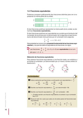 12
Distribucióngratuita-Prohibidalaventa
1.2. Fracciones equivalentes
Podemos comparar gráficamente dos fracciones distintas para ver si re-
presentan la misma parte de la unidad.
Si dos fracciones positivas representan la misma parte de la unidad, se de-
nominan fracciones equivalentes.
Si dos fracciones positivas son equivalentes se cumple que el producto del
numerador de la primera por el denominador de la segunda es igual al pro-
ducto del denominador de la primera por el numerador de la segunda.
Estapropiedadseconocecomopropiedadfundamentaldelasfraccionesequi-
valentes y nos permite definir la equivalencia de fracciones con signo.
Obtención de fracciones equivalentes
Para obtener fracciones equivalentes a una fracción dada, se multiplica o
se divide el numerador y el denominador por un mismo número entero di-
ferente de 0.
· : ·( )
· : ·( )
2 3 4
3
9
6
18
3
9
1
3
3
9
12
36
2 3 4
−
−
=
− −
=
− −
=
−
−
1
4
2
8
1 8 4 2= ⎯ →⎯ =· ·
Indica oralmente qué fracciones a continuación son equivalentes a .
Escribe una fracción equivalente a con denominador 156.
Escribe una fracción equivalente a con numerador −480.
— ¿Puedes escribir una fracción equivalente a la anterior cuyo numerador
sea 215?
Busca el valor de x para que cada uno de estos pares de fracciones sean
equivalentes.
a) b) c) d)
−
=
−
−
=
−
=
−
=
−
13
7 42
30
12
15 1 2
10
4
9
x
x x x
x
10
−15
16
9
4
13−
8
a b c d) ) ) )
52
91
60
105
64
84
16
28−
−
−
−
−
4
7
7
Actividades
1
4
2
8
1
4
2
8
=
Las fracciones y (b ≠ 0 y d ≠ 0) son equivalentes si se cum-
ple que a · d = b · c.
c
d
a
b
÷
÷
 