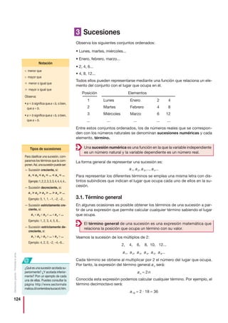 124
Distribucióngratuita-Prohibidalaventa
3 Sucesiones
Observa los siguientes conjuntos ordenados:
• Lunes, martes, miércoles...
• Enero, febrero, marzo...
• 2, 4, 6...
• 4, 8, 12...
Todos ellos pueden representarse mediante una función que relaciona un ele-
mento del conjunto con el lugar que ocupa en él.
Posición Elementos
1 Lunes Enero 2 4
2 Martes Febrero 4 8
3 Miércoles Marzo 6 12
... ... ... ... ...
Entre estos conjuntos ordenados, los de números reales que se correspon-
den con los números naturales se denominan sucesiones numéricas y cada
elemento, término.
La forma general de representar una sucesión es:
a1, a2, a3,..., an...
Para representar los diferentes términos se emplea una misma letra con dis-
tintos subíndices que indican el lugar que ocupa cada uno de ellos en la su-
cesión.
3.1. Término general
En algunas ocasiones es posible obtener los términos de una sucesión a par-
tir de una expresión que permite calcular cualquier término sabiendo el lugar
que ocupa.
Veamos la sucesión de los múltiplos de 2:
2, 4, 6, 8, 10, 12...
a1, a2, a3, a4, a5, a6...
Cada término se obtiene al multiplicar por 2 el número del lugar que ocupa.
Por tanto, la expresión del término general an será:
an = 2 n
Conocida esta expresión podemos calcular cualquier término. Por ejemplo, el
término decimoctavo será:
a18 = 2 · 18 = 36
 menor que
 mayor que
р menor o igual que
у mayor o igual que
Observa:
• a р b significa que a  b, o bien,
que a = b.
• a у b significa que a  b, o bien,
que a = b.
Notación
Para clasificar una sucesión, com-
paramos los términos que la com-
ponen.Así,unasucesiónpuedeser:
— Sucesión creciente, si:
a1 р a2 р a3 р ... р an р ...
Ejemplo:1,2,2,3,3,3,4,4,4,4...
— Sucesión decreciente, si:
a1 у a2 у a3 у ... у an у ...
Ejemplo: 5, 1, 1, −1, −2, −2...
— Sucesión estrictamente cre-
ciente, si:
a1  a2  a3  ...  an  ...
Ejemplo: 1, 2, 3, 4, 5, 6...
— Sucesión estrictamente de-
creciente, si:
a1  a2  a3  ...  an  ...
Ejemplo: 4, 2, 0, −2, −4,−6...
Tipos de sucesiones Una sucesión numérica es una función en la que la variable independiente
es un número natural y la variable dependiente es un número real.
El término general de una sucesión es una expresión matemática que
relaciona la posición que ocupa un término con su valor.
¿Quéesunasucesiónacotadasu-
periormente? ¿Y acotada inferior-
mente? Pon un ejemplo de cada
una de ellas. Puedes consultar la
página http://www.sectormate
matica.cl/contenidos/sucacot.htm.
@
 