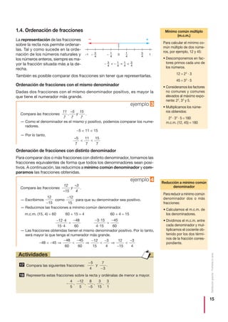 15
Distribucióngratuita-Prohibidalaventa
1.4. Ordenación de fracciones
La representación de las fracciones
sobre la recta nos permite ordenar-
las. Tal y como sucede en la orde-
nación de los números naturales y
los números enteros, siempre es ma-
yor la fracción situada más a la de-
recha.
También es posible comparar dos fracciones sin tener que representarlas.
Ordenación de fracciones con el mismo denominador
Dadas dos fracciones con el mismo denominador positivo, es mayor la
que tiene el numerador más grande.
Ordenación de fracciones con distinto denominador
Para comparar dos o más fracciones con distinto denominador, tomamos las
fracciones equivalentes de forma que todos los denominadores sean posi-
tivos. A continuación, las reducimos a mínimo común denominador y com-
paramos las fracciones obtenidas.
Compara las siguientes fracciones:
Representa estas fracciones sobre la recta y ordénalas de menor a mayor.
−
−
−
4
5
12
5
8
5
3
15
3
1
, , , ,
18
−
−
5
4
7
3
y .17
Actividades
3
4
– 1
4
– 1
4
3
4
–1 10
+–
3
4
– 1
4
– 1
4
3
4
< < <
Compara las fracciones .
— Como el denominador es el mismo y positivo, podemos comparar los nume-
radores.
−5 < 11 < 15
— Por lo tanto,
–5
7
11
7
15
7
< <
11
7
,
–5
7
y
15
7
ejemplo 3
Compara las fracciones .
— Escribimos como para que su denominador sea positivo.
— Reducimos las fracciones a mínimo común denominador.
m.c.m. (15, 4) = 60 60 ÷ 15 = 4 60 ÷ 4 = 15
— Las fracciones obtenidas tienen el mismo denominador positivo. Por lo tanto,
será mayor la que tenga el numerador más grande.
− − ⇒
− −
⇒
− −
⇒
−
−
48 45
48
60
45
60
12
15
3
4
12
15
3
4
< < < <
−
=
− −
=
−12 4
15 4
48
60
3 15
4 15
45
60
·
·
·
·
−12
15
12
15−
12
15
y
3
4–
–
ejemplo 4
Para calcular el mínimo co-
mún múltiplo de dos núme-
ros, por ejemplo, 12 y 45:
• Descomponemos en fac-
tores primos cada uno de
los números.
12 = 22
· 3
45 = 32
· 5
• Consideramos los factores
no comunes y comunes
elevados al máximo expo-
nente: 22
, 32
y 5.
• Multiplicamos los núme-
ros obtenidos:
22
· 32
· 5 = 180
m.c.m. (12, 45) = 180
Mínimo común múltiplo
(m.c.m.)
Para reducir a mínimo común
denominador dos o más
fracciones:
• Calculamos el m.c.m. de
los denominadores.
• Dividimos el m.c.m. entre
cada denominador y mul-
tiplicamos el cociente ob-
tenido por los dos térmi-
nos de la fracción corres-
pondiente.
Reducción a mínimo común
denominador
 
