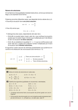 151
Distribucióngratuita-Prohibidalaventa
Número de soluciones
Si nos fijamos en las igualdades tratadas hasta ahora, vemos que siempre se
llega a una expresión de la forma:
a x = b
Podemos encontrar diferentes casos, que dependen de los valores de a y b.
• Si a ≠ 0, la ecuación tiene una única solución:
• Si a = 0, vemos que:
Y distinguimos dos casos, dependiendo del valor de b.
— Si b ≠ 0, no puede haber ningún valor de x que verifique la ecuación,
puesto que no existe ningún número que multiplicado por 0 dé diferen-
te de 0: la ecuación no tiene solución.
— Si b = 0, se establece la igualdad: 0 · x = 0, que se verifica para cual-
quier valor de x, puesto que cualquier número multiplicado por 0 da 0:
la ecuación tiene infinitas soluciones.
El siguiente cuadro resume las distintas posibilidades que podemos en-
contrar en la resolución de una ecuación de la forma a x = b.
0 0· x b b= → =
a x b x
b
a
= → =
Actividades enunciado.1
Indica el número de soluciones en cada caso.
Clasifica las siguientes igualdades en ecuaciones o identidades.
— ¿Cuántas soluciones tiene una ecuación de primer grado con una in-
cógnita?
— Una ecuación de primer grado con una incógnita puede expresarse siem-
pre de la forma a x = b. ¿Puede la a , en este caso, valer 0?
a) e)
b) f)
c)
x x x
x x x x x
x
+ = + =
+ = + + = +
−
3 8 8 2
5 1 3 1 2 2
3 2
x
xx x x
x x x x
= + =
+ = − + =
5 2 1 4
2 3 2 6 3 2
g)
d) h)
( )
20
a) c)
b) d)
2 5 7 2 2 2 1
5
3
10 7
6 1
7 2
x x x
x
x
x
+ = − = −
=
−
+
( )
( )
( ++ =1 14) x
19
Actividades
a x b
a
a
b
b
=
≠ →
=
≠ →
= →
⎧
⎨
⎪
⎩⎪
⎧
⎨
⎪⎪
⎩
⎪
⎪
0
0
0
0
Tiene una única solución:
No tiene solución.
Tiene infinitas soluciones.
x
b
a
=
 