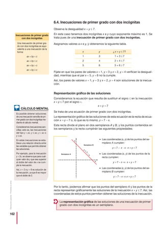 162
Distribucióngratuita-Prohibidalaventa
6.4. Inecuaciones de primer grado con dos incógnitas
Observa la desigualdad x + y ≤ 7.
En este caso tenemos dos incógnitas x e y cuyo exponente máximo es 1. Se
trata pues de una inecuación de primer grado con dos incógnitas.
Asignamos valores a x e y, y obtenemos la siguiente tabla.
Fíjate en que los pares de valores x = 1, y = 3 y x = 2, y = 4 verifican la desigual-
dad, mientras que el par x = 5, y = 6 no la cumple.
Así, los pares de valores x = 1, y = 3 y x = 2, y = 4 son soluciones de la inecua-
ción.
Representación gráfica de las soluciones
Consideramos la ecuación que resulta de sustituir el signo ≤ en la inecuación
x + y ≤ 7 por el signo =.
x + y = 7
Se trata de una ecuación de primer grado con dos incógnitas.
La representación gráfica de las soluciones de esta ecuación es la recta de ecua-
ción x + y = 7 o, lo que es lo mismo, y = 7 − x.
Esta recta divide el plano en dos semiplanos A y B, y los puntos contenidos en
los semiplanos y la recta cumplirán las siguientes propiedades:
Por lo tanto, podemos afirmar que los puntos del semiplano A y los puntos de la
recta representan gráficamente las soluciones de la inecuación x + y ≤ 7. Así, las
coordenadas de estos puntos permiten obtener las soluciones de la inecuación.
• Las coordenadas (x, y) de los puntos del se-
miplano A cumplen:
y  7 − x ⇒ x + y  7
• Las coordenadas (x, y) de los puntos de la
recta cumplen:
y = 7 − x ⇒ x + y = 7
• Las coordenadas (x, y) de los puntos del se-
miplano B cumplen:
y  7 − x ⇒ x + y  7
y
x
Semiplano A
Semiplano B
y
x
=
7
–
x y ¿ x + y ≤ 7?
1 3 1 + 3 ≤ 7
2 4 2 + 4 ≤ 7
5 6 5 + 6 ≥ 7
La representación gráfica de las soluciones de una inecuación de primer
grado con dos incógnitas es un semiplano.
Una inecuación de primer gra-
do con dos incógnitas es equi-
valente a una inecuación de la
forma:
ax + by  c
ax + by ≤ c
ax + by  c
ax + by ≥ c
Inecuaciones de primer grado
con dos incógnitas
Es posible obtener soluciones
de una inecuación sencilla de pri-
mer grado con dos incógnitas me-
diante el cálculo mental.
Consideramos inecuaciones sen-
cillas; esto es, las inecuaciones
del tipo y  ax, y ≤ ax, y  ax o
y ≥ ax.
En estas inecuaciones se esta-
blece una relación directa entre
las variables que permite obtener
las soluciones.
Por ejemplo, para la inecuación
y  2x, se observa que para cual-
quier valor de y que sea superior
al doble del valor de x se cum-
ple la inecuación.
Así, x = 2 e y = 8 es solución de
la inecuación, ya que 8 es mayor
que el doble de 2.
CÁLCULO MENTAL
 