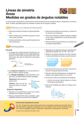 183
Distribucióngratuita-Prohibidalaventa
O
Posición inicial
Semirrecta generatriz
Ángulo
Posición final
Buen
Vivir
Conservación del patrimonio natural
Art. 404.- El patrimonio natural del Ecuador único e invaluable comprende, entre otras, las for-
maciones físicas, biológicas y geológicas cuyo valor desde el punto de vista ambiental, cientí-
fico, cultural o paisajístico exige su protección, conservación, recuperación y promoción.
Constitución de la República del Ecuador, 2008.
Líneas de simetría
Áreas
Medidas en grados de ángulos notables
Prerrequisitos
• Reconocer líneas de simetría en figuras geométri-
cas.
• Aplicar traslaciones y simetrías a figuras en el pla-
no en casos sencillos.
• Construir pirámides y conos a partir de patrones en
dos dimensiones.
• Calcular áreas laterales de prismas y cilindros en
la resolución de problemas.
• Reconocer medidas en grados de ángulos notables
en los cuatro cuadrantes con el uso de instrumen-
tal geométrico.
• Afrontar problemas geométricos con confianza en
las propias capacidades.
Destrezas con criterios de desempeño
En este módulo ampliarás tus conocimientos sobre transformaciones de figuras planas: traslaciones, simetrías y
áreas. También aprenderás sobre las medidas en grados de los ángulos notables.
✑
DCDDCD
Recuerda
• Un ángulo es la región del plano barrida por una
semirrecta al girar respecto de su origen desde una
posición inicial hasta una posición final. Esta
semirrecta que gira se denomina semirrecta
generatriz.
• Los polígonos regulares son los que tienen to-
dos sus lados y ángulos iguales.
• Un triángulo rectángulo es aquel que tiene un án-
gulo recto. Sus lados reciben nombres especiales:
Hipotenusa: lado opuesto al
ángulo recto.
Catetos: cada uno de los
lados que forman el ángulo
recto.
Evaluación diagnóstica
• Describe un procedimiento para trazar rectas
paralelas con la regla y la escuadra.
• Dibuja un segmento AB y traza su mediatriz. ¿Qué
propiedad cumplen los puntos de la mediatriz?
• Representa los siguientes ángulos valiéndote del
graduador de ángulos: 30°, 45°, 90°, 130° y 270°.
• Observa los ángulos poliedros de estos cuerpos
e indica cuál de ellos es convexo y cuál es cóncavo.
• Escribe las fórmulas que permiten calcular las
áreas de las figuras planas sencillas.
• Calcula el valor de la hipotenusa de un triángulo rec-
tángulo cuyos catetos miden 25 cm y 32 cm.
• Enuncia los criterios de semejanza de triángulos.
— ¿Cómo se enuncian estos criterios en el caso
de triángulos rectángulos?
• Calcula las medidas que faltan en la figura de la
derecha.
Cateto
Hipotenusa
Cateto
b′=5,7cm
a = 8,5 cm
c = 7,6 cm
c′
a′
b
ba
 