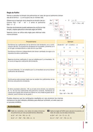 99
Distribucióngratuita-Prohibidalaventa
6 −4 0 2
3 18 42 126
6 14 42 128
ϫ =
Regla de Ruffini
Vamos a estudiar la división de polinomios en caso de que el polinomio divisor
sea de la forma x − a, en la que a es un número real.
Observa en el ejemplo de la derecha la división del po-
linomio P(x) = 6x3
− 4x2
+ 2 entre el polinomio
Q(x) = x − 3.
Este tipo de divisiones puede realizarse de una forma más
simple y rápida aplicando la llamada regla de Ruffini.
Veamos cómo se utiliza esta regla para efectuar esta
misma división.
Puedes observar que los rectángulos resaltados en rojo encierran los mismos
números en los dos métodos utilizados para efectuar la división, en este caso con
un proceso sintético.
6 x3
− 44x2
+ 442 x − 3
−6 x3
+ 18x2
6 x2
+ 14 x + 42
14 x2
− 14 x2
+ 42 x
42 x + 4 42
−42 x + 126
128
6 −4 0 2
3 18
6 14
6 −4 0 2
3 18 42
6 14 42
6 −4 0 2
3
Divide 6x3
− 4x2
+ 2 entre x − 3.
6 −4 0 2
R = 128
C(x) = 6x2
+ 14x + 42
ϫ =
ϫ =
EjemploProcedimiento
Escribimos los coeficientes de los términos del dividendo uno a conti-
nuación del otro. Si el polinomio dividendo es incompleto, ponemos un 0
en el lugar correspondiente a cada término que falte.
Escribimos el término independiente del divisor cambiado de signo a la
izquierda de estos coeficientes.
Bajamos el primer coeficiente, 6, que se multiplica por 3 y el resultado, 18,
se suma al segundo coeficiente del dividendo.
La suma obtenida, 14, se multiplica por 3 y el resultado se suma al tercer
coeficiente del dividendo.
Continuamos este proceso hasta que se acaben los coeficientes de los
términos del polinomio dividendo.
El último resultado obtenido, 128, es el resto de la división, los restantes
(6, 14, 42) son los coeficientes del polinomio cociente. Tendremos en
cuenta que el grado del cociente es inferior en una unidad al grado del di-
videndo, pues el divisor es de grado 1.
Halla los cocientes y los restos de estas divisiones
de polinomios por dos procedimientos diferentes.
a) (x3
− 4x2
+ 9x + 18) ÷ (x + 2)
b) (x4
+ x3
− 18x2
− 16x + 32) ÷ (x − 4)
Aplica la regla de Ruffini para calcular el cociente y el
resto de cada una de estas divisiones.
a) (5x3
+ 4x2
− 2x + 7) ÷ (x − 2)
b) (−x4
+ 12x3
− 4x2
− 10) ÷ (x + 5)
4948
Actividades
 