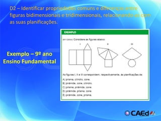 D2 – Identificar propriedades comuns e diferenças entre figuras bidimensionais e tridimensionais, relacionando-as com as suas planificações. Exemplo – 9º ano Ensino Fundamental 