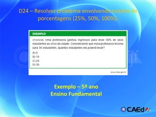 D24 – Resolver problema envolvendo noções de porcentagens (25%, 50%, 100%). Exemplo – 5º ano Ensino Fundamental 