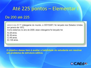 Até 225 pontos – Elementar I De 200 até 225 O objetivo desse item é avaliar a habilidade do estudante em resolver um problema de estrutura aditiva. 