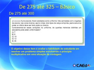 De 275 até 325 – Básico De 275 até 300 O objetivo desse item é avaliar a habilidade do estudante em resolver um problema simples envolvendo o princípio multiplicativo em uma situação de contagem. 
