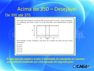 Acima de 350 – Desejável De 350 até 375 O item tem por objetivo avaliar a habilidade do estudante em resolver um problema modelado por uma equação do segundo grau. 