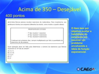 Acima de 350 – Desejável 400 pontos O item tem por objetivo avaliar a habilidade do estudante em resolver um problema envolvendo a ideia de função exponencial. 