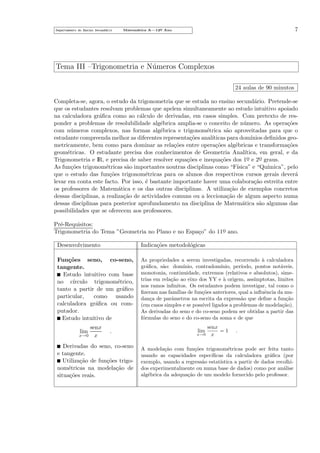 Departamento do Ensino Secund´rio
a

7

Matem´tica A—12o Ano
a
¯

Tema III –Trigonometria e N´meros Complexos
u
24 aulas de 90 minutos
Completa-se, agora, o estudo da trigonometria que se estuda no ensino secund´rio. Pretende-se
a
que os estudantes resolvam problemas que apelem simultaneamente ao estudo intuitivo apoiado
na calculadora gr´ﬁca como ao c´lculo de derivadas, em casos simples. Com pretexto de resa
a
ponder a problemas de resolubilidade alg´brica amplia-se o conceito de n´mero. As opera¸˜es
e
u
co
com n´meros complexos, nas formas alg´brica e trigonom´trica s˜o aproveitadas para que o
u
e
e
a
estudante compreenda melhor as diferentes representa¸˜es anal´
co
ıticas para dom´
ınios deﬁnidos geometricamente, bem como para dominar as rela¸˜es entre opera¸˜es alg´bricas e transforma¸˜es
co
co
e
co
geom´tricas. O estudante precisa dos conhecimentos de Geometria Anal´
e
ıtica, em geral, e da
Trigonometria e IR, e precisa de saber resolver equa¸˜es e inequa¸˜es dos 1o e 2o graus.
co
co
¯
¯
As fun¸˜es trigonom´tricas s˜o importantes noutras disciplinas como “F´
co
e
a
ısica” e “Qu´
ımica”, pelo
que o estudo das fun¸˜es trigonom´tricas para os alunos dos respectivos cursos gerais dever´
co
e
a
levar em conta este facto. Por isso, ´ bastante importante haver uma colabora¸˜o estreita entre
e
ca
os professores de Matem´tica e os das outras disciplinas. A utiliza¸˜o de exemplos concretos
a
ca
dessas disciplinas, a realiza¸˜o de actividades comuns ou a lecciona¸˜o de algum aspecto numa
ca
ca
dessas disciplinas para posterior aprofundamento na disciplina de Matem´tica s˜o algumas das
a
a
possibilidades que se oferecem aos professores.
Pr´-Requisitos:
e
Trigonometria do Tema ”Geometria no Plano e no Espa¸o” do 11o ano.
c
¯
Desenvolvimento

Indica¸˜es metodol´gicas
co
o

Fun¸˜es seno, co-seno,
co
tangente.
Estudo intuitivo com base
no c´
ırculo trigonom´trico,
e
tanto a partir de um gr´ﬁco
a
particular,
como usando
calculadora gr´ﬁca ou coma
putador.
Estudo intuitivo de

As propriedades a serem investigadas, recorrendo a calculadora
`
gr´ﬁca, s˜o: dom´
a
a
ınio, contradom´
ınio, per´
ıodo, pontos not´veis,
a
monotonia, continuidade, extremos (relativos e absolutos), simetrias em rela¸˜o ao eixo dos YY e ` origem, ass´
ca
a
ımptotas, limites
nos ramos inﬁnitos. Os estudantes podem investigar, tal como o
ﬁzeram nas fam´
ılias de fun¸˜es anteriores, qual a inﬂuˆncia da muco
e
dan¸a de parˆmetros na escrita da express˜o que deﬁne a fun¸˜o
c
a
a
ca
(em casos simples e se poss´ ligados a problemas de modela¸˜o).
ıvel
ca
As derivadas do seno e do co-seno podem ser obtidas a partir das
f´rmulas do seno e do co-seno da soma e de que
o

senx
x→0 x
lim

.

Derivadas do seno, co-seno
e tangente.
Utiliza¸˜o de fun¸˜es trigoca
co
nom´tricas na modela¸˜o de
e
ca
situa¸˜es reais.
co

lim

x→0

senx
=1
x

.

A modela¸˜o com fun¸˜es trigonom´tricas pode ser feita tanto
ca
co
e
usando as capacidades espec´
ıﬁcas da calculadora gr´ﬁca (por
a
exemplo, usando a regress˜o estat´
a
ıstica a partir de dados recolhidos experimentalmente ou numa base de dados) como por an´lise
a
alg´brica da adequa¸˜o de um modelo fornecido pelo professor.
e
ca

 