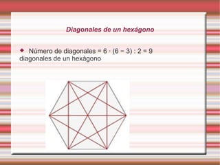 Diagonales de un hexágono


  Número de diagonales = 6 · (6 − 3) : 2 = 9
diagonales de un hexágono
 