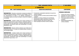 MATEMÁTICA PROF. LEONARDO PORTAL 3º ANO MÉDIO
2º BIMESTRE
DRC – MATO GROSSO [BNCC] OBJETIVOS ESPECÍFICOS CONTEÚDOS
EM13MAT103 - Interpretar e compreender o emprego de unidades de
medida de diferentes grandezas, inclusive de novas unidades, como as
de armazenamento de dados e de distâncias astronômicas e
microscópicas, ligadas aos avanços tecnológicos, amplamente divulgadas
na sociedade.
EM13MAT501 - Investigar relações entre números expressos em
tabelas para representá-los no plano cartesiano, identificando padrões e
criando conjecturas para generalizar e expressar algebricamente essa
generalização, reconhecendo quando essa representação é de função
polinomial de 1º grau.
EM13MAT302 - Resolver e elaborar problemas cujos modelos são as
funções polinomiais de 1º e 2º graus, em contextos diversos, incluindo ou
não tecnologias digitais.
EM13MAT502 - Investigar relações entre números expressos em
tabelas para representá-los no plano cartesiano, identificando padrões e
criando conjecturas para generalizar e expressar algebricamente essa
generalização, reconhecendo quando essa representação é de função
polinomial de 2º grau do tipo y = ax2.
 Compreender a necessidade matemática do conjunto dos
números complexos.
 Perceber que todos os números reais são também números
complexos.
 Identificar os números complexos em suas diferentes
representações: algébrica, geométrica e trigonométrica.
 Resolver equações cujas raízes não sejam reais.
 Efetuar operações envolvendo números complexos.
NÚMEROS COMPLEXOS
 Conjunto dos números complexos
 Operações com números complexos
 Módulo de um número complexo
 Forma trigonométrica dos números
complexos
 Representação geométrica dos
números complexos
 