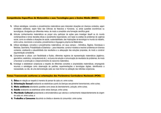 Competências Específicas de Matemática e suas Tecnologias para o Ensino Médio (BNCC)
1. Utilizar estratégias, conceitos e procedimentos matemáticos para interpretar situações em diversos contextos, sejam
atividades cotidianas, sejam fatos das Ciências da Natureza e Humanas, ou ainda questões econômicas ou
tecnológicas, divulgados por diferentes meios, de modo a consolidar uma formação científica geral.
2. Articular conhecimentos matemáticos ao propor e/ou participar de ações para investigar desafi os do mundo
contemporâneo e tomar decisões éticas e socialmente responsáveis, com base na análise de problemas de urgência
social, como os voltados a situações de saúde, sustentabilidade, das implicações da tecnologia no mundo do trabalho,
entre outros, recorrendo a conceitos, procedimentos e linguagens próprios da Matemática.
3. Utilizar estratégias, conceitos e procedimentos matemáticos, em seus campos – Aritmética, Álgebra, Grandezas e
Medidas, Geometria, Probabilidade e Estatística –, para interpretar, construir modelos e resolver problemas em diversos
contextos, analisando a plausibilidade dos resultados e a adequação das soluções propostas, de modo a construir
argumentação consistente.
4. Compreender e utilizar, com flexibilidade e fluidez, diferentes registros de representação matemáticos (algébrico,
geométrico, estatístico, computacional etc.), na busca de solução e comunicação de resultados de problemas, de modo
a favorecer a construção e o desenvolvimento do raciocínio matemático.
5. Investigar e estabelecer conjecturas a respeito de diferentes conceitos e propriedades matemáticas, empregando
recursos e estratégias como observação de padrões, experimentações e tecnologias digitais, identificando a
necessidade, ou não, de uma demonstração cada vez mais formal na validação das referidas conjecturas.
Temas Transversais conforme as orientações dos Parâmetros Curriculares Nacionais (PCN):
s
1. Ética em relação ao respeito à maneira de pensar de cada um, entre outras;
2. Orientação Sexual analisando as estatísticas quanto às doenças sexualmente transmissíveis, entre outras;
3. Meio ambiente abordando questões como áreas de desmatamento, poluição, entre outras;
4. Saúde analisando as estatísticas sobre várias doenças, entre outras;
5. Pluridade Cultural apresentando a etnomatemática que valoriza o conhecimento independentemente da origem
de cada um, entre outras; e
6. Trabalho e Consumo discutindo os direitos e deveres do consumidor, entre outras.
 