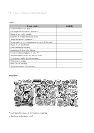 116 GUIA DE MATEMÁTICA ENTRE JOVENS | VOLUME 1
Tabela:
O que medir... Unidade
Comprimento da sala de aula
Um tempo de uma partida de futebol
Massa de um recém nascido
Distância de Juiz de Fora a São Paulo
Tempo entre uma copa e outra
Tempo gasto na troca de pneus de um carro de fórmula 1
Massa de um pão francês
Comprimento de um lápis
Capacidade de uma caixa d’água
Comprimento da Diagonal de uma TV
Temperatura em um dia frio em São Paulo
Espessura do grafite de uma lapiseira
Uma dose de xarope
Massa de um elefante
Tempo de duração da Quaresma
Problema 2.
A partir das informações da tirinha acima responda:
a) Que horas acabará esse jogo?
 