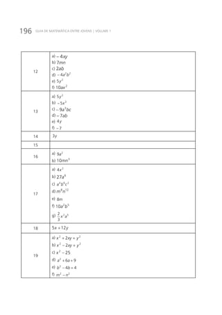 196 GUIA DE MATEMÁTICA ENTRE JOVENS | VOLUME 1
12
a) xy4−
b) mn7
c) ab2
d) 22
4 ba−
e) 2
5y
f) 2
10ax
13
a) 2
5y
b) 2
5x−
c) bca3
9−
d) ab7−
e) y4
f) 7−
14 y3
15
16
a) 2
9a
b) 3
10mn
17
a) 2
4x
b) 6
27a
c) 264
cba
d) 128
nm
e) m8
f) 52
10 ba
g) 52
3
2
ax
18 yx 125 +
19
a) 22
2 yxyx ++
b) 22
2 yxyx +−
c) 252
−x
d) 962
++ aa
e) 442
+− bb
f) 22
nm −
 
