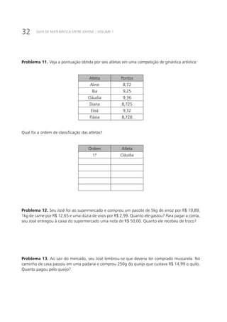 32 GUIA DE MATEMÁTICA ENTRE JOVENS | VOLUME 1
Problema 11. Veja a pontuação obtida por seis atletas em uma competição de ginástica artística:
Atleta Pontos
Aline 8,72
Bia 9,25
Cláudia 9,36
Diana 8,725
Eloá 9,32
Flávia 8,728
Qual foi a ordem de classificação das atletas?
Ordem Atleta
1ª Cláudia
Problema 12. Seu José foi ao supermercado e comprou um pacote de 5kg de arroz por R$ 10,89,
1kg de carne por R$ 12,65 e uma dúzia de ovos por R$ 2,99. Quanto ele gastou? Para pagar a conta,
seu José entregou à caixa do supermercado uma nota de R$ 50,00. Quanto ele recebeu de troco?
Problema 13. Ao sair do mercado, seu José lembrou-se que deveria ter comprado mussarela. No
caminho de casa passou em uma padaria e comprou 250g do queijo que custava R$ 14,99 o quilo.
Quanto pagou pelo queijo?
 