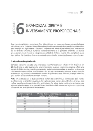 91GUIA DO ALUNO
Grandezas direta e
inversamente Proporcionais6
Esse é um tema básico e importante. Tem sido solicitado em concursos diversos, em vestibulares e
tambémnoENEM.Emgeraloalunosaberesolverproblemasenvolvendoduasgrandezasproporcionais
pelo emprego da “regra de três”. Mas aplica a regra de três em situações inadequadas, para as quais
ela não é válida. Em geral, o aluno não avalia corretamente se as grandezas envolvidas são ou não
proporcionais, muito menos se essa proporcionalidade é direta ou inversa. Mais complicado ainda
para o aluno é a situação onde uma grandeza é proporcional a várias grandezas ao mesmo tempo.
1. Grandezas Proporcionais
Considere a seguinte situação: uma empresa de engenharia consegue asfaltar 60 km de estrada em
20 dias. Deseja-se saber quantos dias seriam necessários para que essa mesma empresa asfalte uma
estrada de 84km. As duas grandezas envolvidas, quilômetros de estrada a ser asfalto e o número de
dias necessários para realizar o asfaltamento são tais que: se uma delas aumenta, a outra também
aumenta, ou seja, quando aumentamos o número de quilômetros a ser asfaltado, o tempo necessário
para realizar esse asfaltamento também aumenta.
Note, em particular, que se duplicássemos o número de quilômetros, o tempo gasto para realizar
o asfaltamento seria também duplicado. Se triplicássemos o número de quilômetros, o tempo para
realizar o asfaltamento deveria também ser triplicado. Na tabela abaixo registramos a situação para
algumas quilometragens. Note que na última coluna dessa tabela encontra-se registrado o quociente
dos valores das duas grandezas em cada caso.
Quilometragem q
da estrada
Nº d de dias necessários para
realizar o asfaltamento
Quociente q/d
60 20 3
120 40 3
180 60 3
30 10 3
12 4 3
1 1/3 3
 