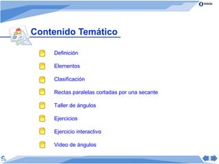 Inicio




Contenido Temático

    Definición

    Elementos

    Clasificación

    Rectas paralelas cortadas por una secante

    Taller de ángulos

    Ejercicios

    Ejercicio interactivo

    Video de ángulos
 