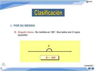 Inicio




I. POR SU MEDIDA

  B. Ángulo Llano.- Su medida es 180°. Sus lados son 2 rayos
     opuestos



                               θ



                             θ = 180º
                              θ = 180º

                                                               Contenido 
 
