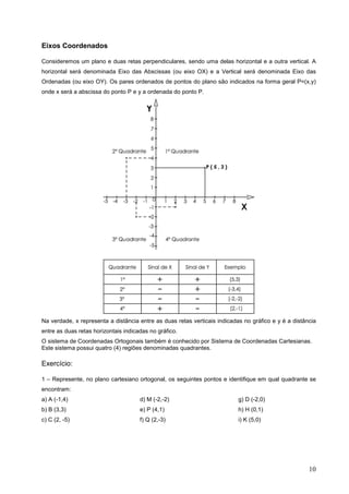 Eixos Coordenados

Consideremos um plano e duas retas perpendiculares, sendo uma delas horizontal e a outra vertical. A
horizontal será denominada Eixo das Abscissas (ou eixo OX) e a Vertical será denominada Eixo das
Ordenadas (ou eixo OY). Os pares ordenados de pontos do plano são indicados na forma geral P=(x,y)
onde x será a abscissa do ponto P e y a ordenada do ponto P.




Na verdade, x representa a distância entre as duas retas verticais indicadas no gráfico e y é a distância
entre as duas retas horizontais indicadas no gráfico.
O sistema de Coordenadas Ortogonais também é conhecido por Sistema de Coordenadas Cartesianas.
Este sistema possui quatro (4) regiões denominadas quadrantes.

Exercício:

1 – Represente, no plano cartesiano ortogonal, os seguintes pontos e identifique em qual quadrante se
encontram:
a) A (-1,4)                           d) M (-2,-2)                         g) D (-2,0)
b) B (3,3)                            e) P (4,1)                           h) H (0,1)
c) C (2, -5)                          f) Q (2,-3)                          i) K (5,0)




                                                                                                      10
 