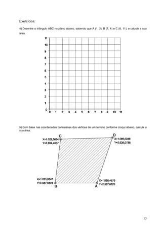 Exercícios:

4) Desenhe o triângulo ABC no plano abaixo, sabendo que A (1, 3), B (7, 4) e C (6, 11), e calcule a sua
área.




5) Com base nas coordenadas cartesianas dos vértices de um terreno conforme croqui abaixo, calcule a
sua área.




                                                                                                    13
 