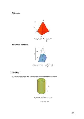 Pirâmides




Tronco de Pirâmide




Cilindros

O volume do cilindro é igual à área de sua base pela sua altura, ou seja:




                                                                            24
 