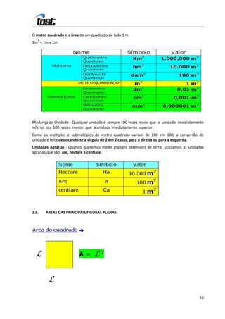 O metro quadrado é a área de um quadrado de lado 1 m.
1m2 = 1m x 1m




Mudança de Unidade - Qualquer unidade é sempre 100 vezes maior que a unidade imediatamente
inferior ou 100 vezes menor que a unidade imediatamente superior.
Como os múltiplos e submúltiplos do metro quadrado variam de 100 em 100, a conversão de
unidade é feita deslocando-se a vírgula de 2 em 2 casas, para a direita ou para a esquerda.
Unidades Agrárias - Quando queremos medir grandes extensões de terra, utilizamos as unidades
agrárias que são: are, hectare e centiare.




2.6.   ÁREAS DAS PRINCIPAIS FIGURAS PLANAS




                                                                                         16
 