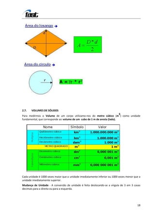 2.7.   VOLUMES DE SÓLIDOS
                                                                           3
Para medirmos o Volume de um corpo utilizamo-nos do metro cúbico (m ) como unidade
fundamental, que corresponde ao volume de um cubo de 1 m de aresta (lado).




Cada unidade é 1000 vezes maior que a unidade imediatamente inferior ou 1000 vezes menor que a
unidade imediatamente superior.
Mudança de Unidade - A conversão de unidade é feita deslocando-se a vírgula de 3 em 3 casas
decimais para a direita ou para a esquerda.




                                                                                           18
 