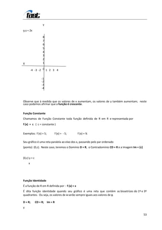 Y
9 y = 2x
                    8
                    7
                    6
                    5
                    4
                    3
                    2
X                   1

         -4 -3 -2 0 1 2 3 4

                   -1
                   -2
                   -3
                   -4



Observe que à medida que os valores de x aumentam, os valores de y também aumentam; neste
caso podemos afirmar que a função é crescente.


Função Constante
Chamamos de Função Constante toda função definida de R em R e representada por
f (x) = c ( c = constante )


Exemplos: f (x) = 5;         f (x) = - 5;       f (x) = ¾

Seu gráfico é uma reta paralela ao eixo dos x, passando pelo par ordenado
(ponto) (0,c). Neste caso, teremos o Domínio D = R, o Contradomínio CD = R e a Imagem Im = {c}


(0,c) y = c
     x




Função Identidade
É a função de R em R definida por : f (x) = x
É dita função identidade quando seu gráfico é uma reta que contém as bissetrizes do 1º e 3º
quadrantes. Ou seja, os valores de x serão sempre iguais aos valores de y.

D = R;        CD = R;   Im = R
y

                                                                                                 53
 