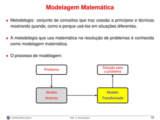 Modelagem Matemática
• Metodologia: conjunto de conceitos que traz coesão a princípios e técnicas
mostrando quando, como e porque usá-los em situações diferentes.
• A metodologia que usa matemática na resolução de problemas é conhecida
como modelagem matemática.
• O processo de modelagem:
Modelo
Abstrato
Problema
Solução para
o problema
Modelo
Transformado
UFMG/ICEx/DCC MD
·Introduc¸a˜o 10
 