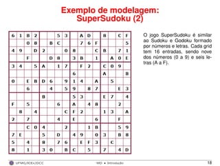 Exemplo de modelagem:
SuperSudoku (2)
O jogo SuperSudoku é similar
ao Sudoku e Godoku formado
por números e letras. Cada grid
tem 16 entradas, sendo nove
dos números (0 a 9) e seis le-
tras (A a F).
UFMG/ICEx/DCC MD
·Introduc¸a˜o 18
 