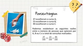 Porcentagem
37 escolheram o curso A;
23 escolheram o curso B;
40 escolheram o curso C.
Podemos estabelecer as seguintes razões
entre o número de pessoas que optaram por
A, B ou C e o total de consultas realizadas:
37
100
=
23
100
=
40
100
 