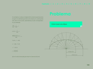 97
Si nos fijamos, la altura o longitud de la columna que buscamos
es igual a la ordenada que tiene como abscisa 15, sustituyendo
este valor en la ecuación, obtendremos el valor correspondien-
te a la ordenada.
Que es la altura buscada para hacer la columna de acero.
Problema
Cómo trazar una elipse.
semieje mayor
semieje menor
semieje
menor 104
Capítulos | 1 | 2 | 3 | 4 | 5 | 6 | 7 | 8 | 9
 