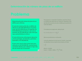 104
Problema
Determinación del número de pisos de un
edificio para oficinas.
El costo de construcción de un edificio de
oficinas es de $500 000.00 para el primer
nivel, de $525,000.00 para el segundo, de
$550,000.00 para el tercero y así, con un
aumento de $25,000.00 por cada nivel que
vaya aumentándose en altura.
El costo del terreno, del proyecto ejecutivo
y de los peritajes, las licencias y permisos
ascienden a $3’500,000.00.
Si para este caso la renta anual neta para
cada piso es de $50,000.00, ¿cuántos pisos
convendrá diseñar para obtener el tipo más
alto de interés de la inversión?
Determinación de número de pisos de un edificio
Para ayudarnos a comprender el problema, requerimos del apo-
yo científico para determinar por inducción matemática la ley
que describe el aumento de costo a medida que se aumenta los
niveles del edificio.
Si recordamos las progresiones, sabremos qué:
0, 1, 3, 6, 10, 15, 21 + n =
Mismas que aplicaremos a continuación.
La función a Maximizar en este caso es el “Interés”, al que pode-
mos identificar como la relación entre la Renta y el Costo:
Renta R = 50,000x
Costo C =
111
Capítulos | 1 | 2 | 3 | 4 | 5 | 6 | 7 | 8 | 9
 