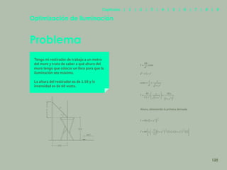 118
Problema
Optimización de iluminación
Tengo mi restirador de trabajo a un metro
del muro y trato de saber a qué altura del
muro tengo que colocar un foco para que la
iluminación sea máxima.
La altura del restirador es de 1.50 y la
intensidad es de 60 watts.
100
y
d
150
NPT
Ahora, obteniendo la primera derivada
125
Capítulos | 1 | 2 | 3 | 4 | 5 | 6 | 7 | 8 | 9
 