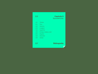 219 Capítulo 9
Equivalencias
221 Tiempo
221 Peso
222 Volumen
223 Longitud
224 Superficie
224 Energía, trabajo y calor
225 Ángulos
226 Velocidad
226 Varillas
227 Bibliografía
 