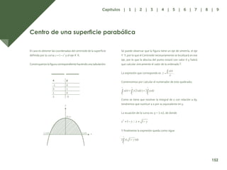 145
Centro de una superficie parabólica
El caso es obtener las coordenadas del centroide de la superficie
definida por la curva y el eje X´X.
Construyamoslafiguracorrespondientehaciendounatabulación:
x y
-1 0
0 1
1 0
2 -3
Se puede observar que la figura tiene un eje de simetría, el eje
Y´Y, por lo que el Centroide necesariamente se localizará en ese
eje, por lo que la abscisa del punto estará con valor 0 y habrá
que calcular únicamente el valor de la ordenada .
La expresión que corresponde es .
Comencemos por calcular el numerador de este quebrado;
Como se tiene que resolver la integral de x con relación a dy,
tendremos que sustituir a x por su equivalente en y.
La ecuación de la curva es: y = 1-x2, de donde
Y finalmente la expresión queda como sigue
y
x
152
Capítulos | 1 | 2 | 3 | 4 | 5 | 6 | 7 | 8 | 9
 