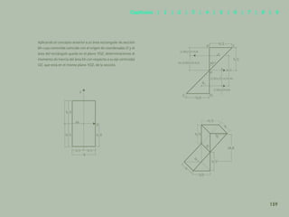 152
Aplicando el concepto anterior a un área rectangular de sección
bh cuyo centroide coincide con el origen de coordenadas O y el
área del rectángulo queda en el plano YOZ, determinaremos el
momento de inercia del área bh con respecto a su eje centroidal
OZ, que está en el mismo plano YOZ, de la sección.
y
h/2
h/2 h/2
b/2 b/2
b
ox
h z
h/2
h/2
G
G1
O
2h/
3
h/2
h/2
b
b
159
Capítulos | 1 | 2 | 3 | 4 | 5 | 6 | 7 | 8 | 9
 