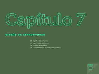 155
D I S E Ñ O D E E S T R U C T U R A S
Índice
169 Gráfica de cortantes
170 Gráfica de momentos
171 Puntos de inflexión
175 Determinación del coeficiente sísmico
 