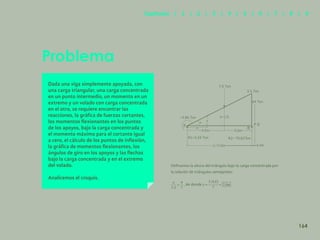 157
Problema
Dada una viga simplemente apoyada, con
una carga triangular, una carga concentrada
en un punto intermedio, un momento en un
extremo y un volado con carga concentrada
en el otro, se requiere encontrar las
reacciones, la gráfica de fuerzas cortantes,
los momentos flexionantes en los puntos
de los apoyos, bajo la carga concentrada y
el momento máximo para el cortante igual
a cero, el cálculo de los puntos de inflexión,
la gráfica de momentos flexionantes, los
ángulos de giro en los apoyos y las flechas
bajo la carga concentrada y en el extremo
del volado.
Analicemos el croquis.
Definamos la altura del triángulo bajo la carga concentrada por
la relación de triángulos semejantes:
, de donde
164
Capítulos | 1 | 2 | 3 | 4 | 5 | 6 | 7 | 8 | 9
 
